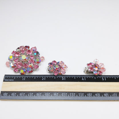 Weiss 1960s Pink Aurora Borealis Brooch & Clip Earrings Set | Dangling Crystal Beads | Vintage Mid-Century Jewelry
