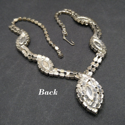 Mid-Century Clear Rhinestone Oval Pendant Necklace, Wedding Necklace, 1950s Vintage Jewelry