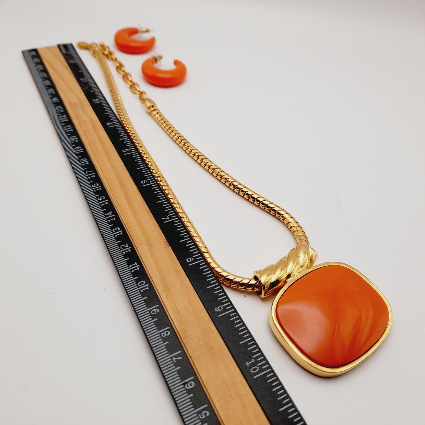 Vintage Joan Rivers Enamel Pendant Necklace & Hoop Earrings Set – Orange Lucite, 1990s Statement Jewelry