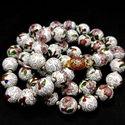 Vintage Cloisonne Beaded Necklace, Hand Knotted, Hand Painted Floral Beads, 1960s Vintage Jewelry