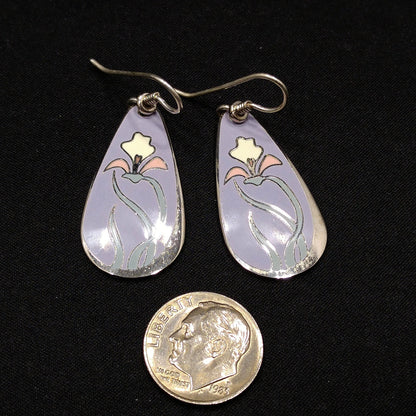 Laurel Burch "Wild Iris" Cloisonne Earrings, Lavender Enamel, White & Pink Flower, Rhodium Plate, 1980s Vintage Jewelry