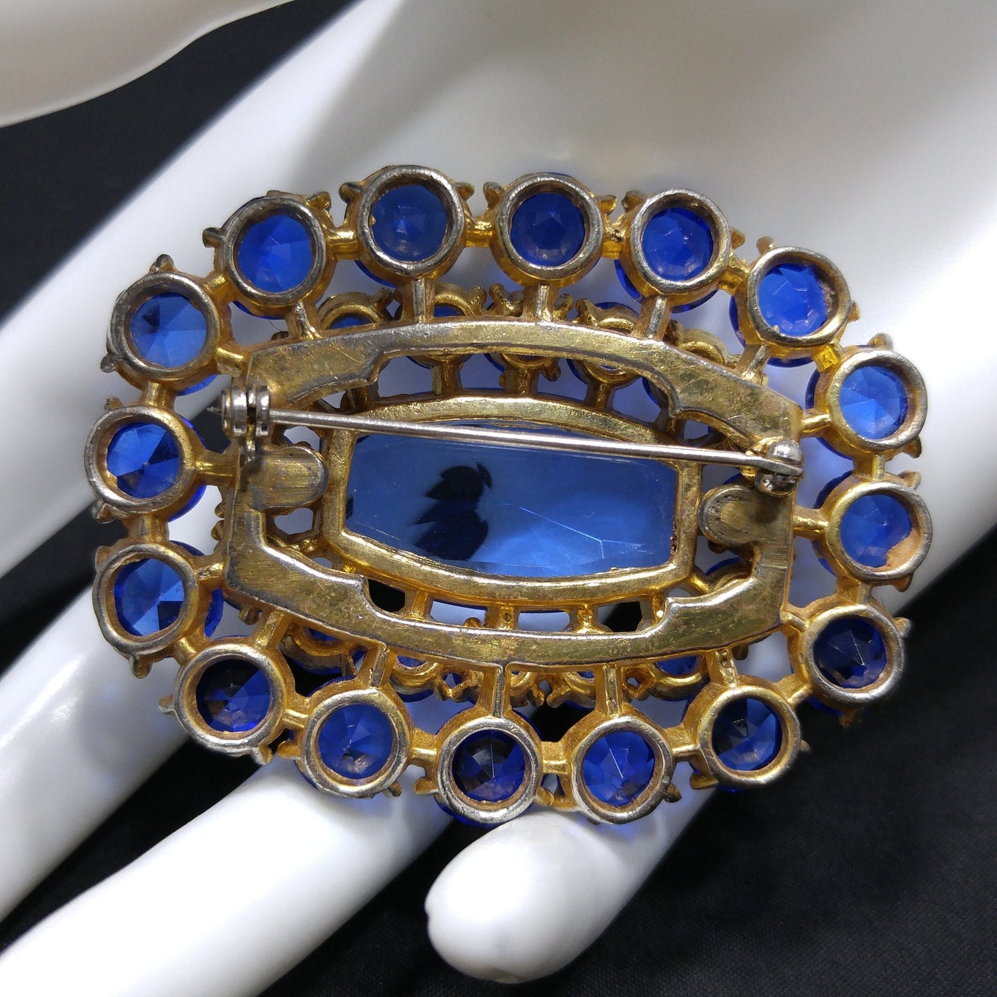Cobalt Blue Glass Rhinestone Brooch, Large Center Blue Stone, 1940s Vintage Jewelry