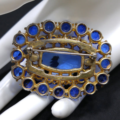 Cobalt Blue Glass Rhinestone Brooch, Large Center Blue Stone, 1940s Vintage Jewelry