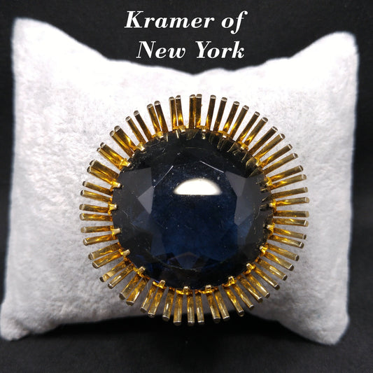 Kramer Large Blue Glass Brooch Pendant, Gold Plated, 1950s Vintage Jewelry