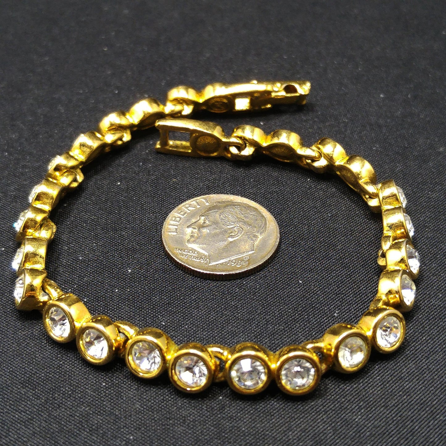 Vintage Swarovski Bracelet – Clear Rhinestone Bezel Set – Gold Plated Link