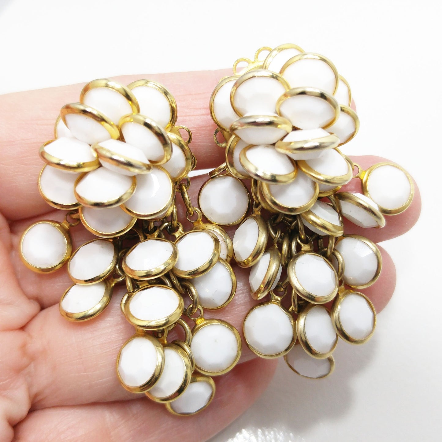 Vintage Sorrelli White Crystal Cluster Clip Earrings 1990s Gold Tone Signed