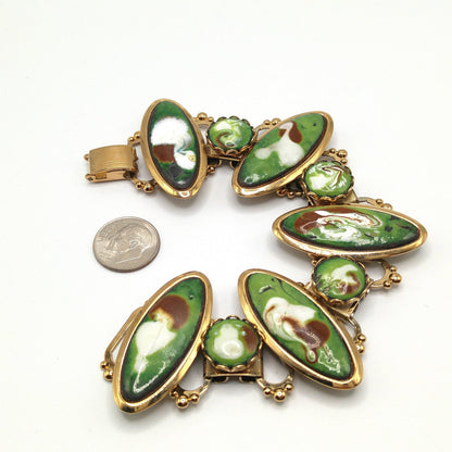 Mid-Century Enamel Book Chain Bracelet, Green Brown White Gold, 1950s Vintage Jewelry
