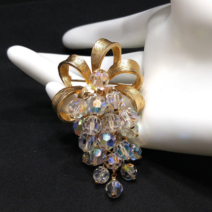 Crystal Beaded Grape Cluster Brooch, Gold Plated Bow, 1960s Vintage Jewelry