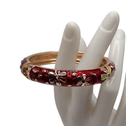 Vintage Jiu Long Xing Cloisonné Bangle Bracelet – Red Enamel Floral Hinged Bracelet – Gold Tone Signed Jewelry 6.25"