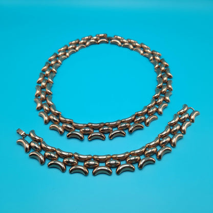 Vintage Krementz Gold Plated Bracelet Necklace Jewelry Set, Mid-Century