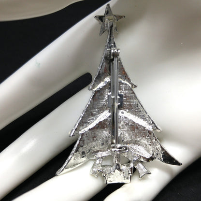 Vintage Christmas Tree Brooch – 1960s Silver Tone Holiday Pin with Emerald Green Rhinestones, 2 1/4 Inch