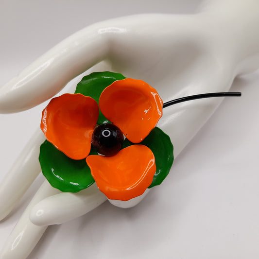 Vintage 1960s Orange Green White Enamel Flower Brooch with Stem, 4 Inches