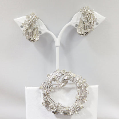 Ciner Clear Rhinestone Brooch & Earrings, Rhodium Plated, 1950s Vintage Jewelry