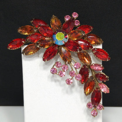 Red Rhinestone Floral Spray Brooch, Gold Plated, 1950s Vintage Jewelry