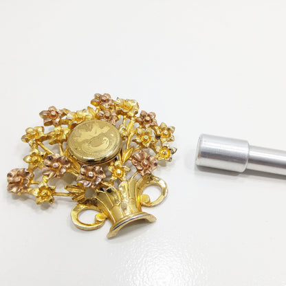 Hidden Locket Large Fur Clip, Gold Plated Flower Bouquet, 1940s Vintage Jewelry