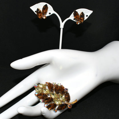 Mid-Century Topaz Jonquil Rhinestone Leaf Brooch Earrings Set, 1960s Vintage Jewelry