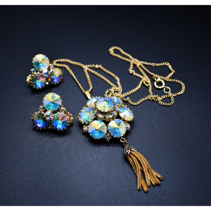 Vintage Rivoli Pendant & Earrings, Aurora Borealis Rhinestones, 1960s Vintage Jewelry