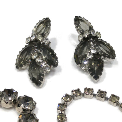 Black Diamond & Clear Rhinestone Jewelry Set, Necklace Bracelet Clip Earrings, 1950s Vintage Jewelry