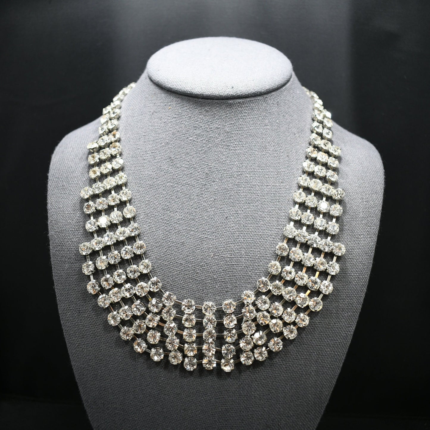Vintage Clear Rhinestone Frontal Necklace, Rhodium Plating, 18 1/2 Inches, 1980s Vintage Jewelry