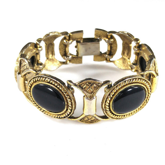 Mid-Century Black Glass Link Bracelet, Gold Plated, 1950s Vintage Jewelry