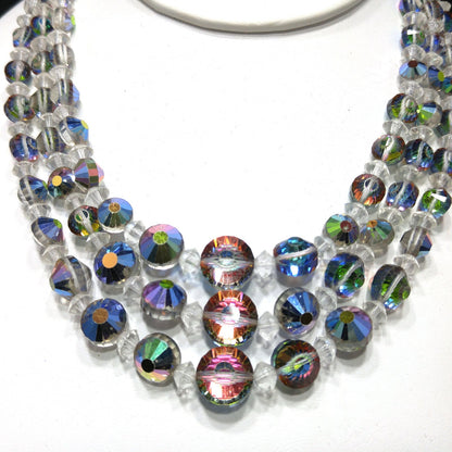 Vitrail Aurora Borealis Crystal Bead Necklace, Three Strands, 1960s Vintage Jewelry
