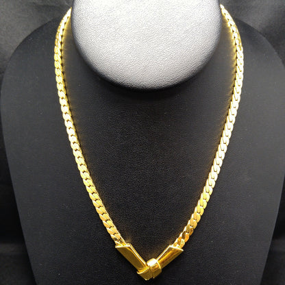 Monet Herringbone Chain Necklace, Gold Plated, V Pendant, 1980s Vintage Jewelry