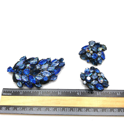 Regency 1950s Blue Rhinestone Brooch Earrings Set Art Glass Leaf Vintage