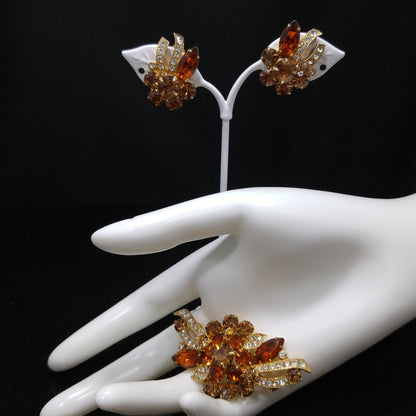 Eisenberg Ice Topaz Orange Brooch & Earrings, Gold Plated, 1960s Vintage Jewelry