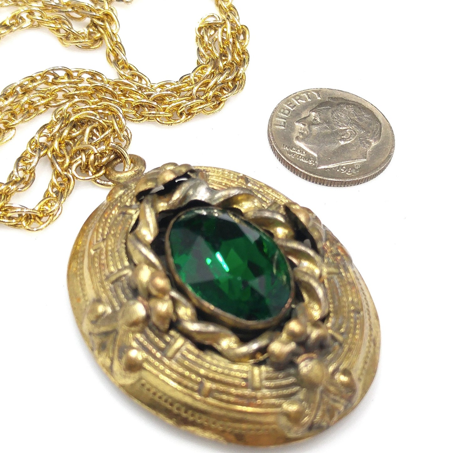 Antique 1920s Czech Emerald Green Glass Pendant Gold Filigree Necklace