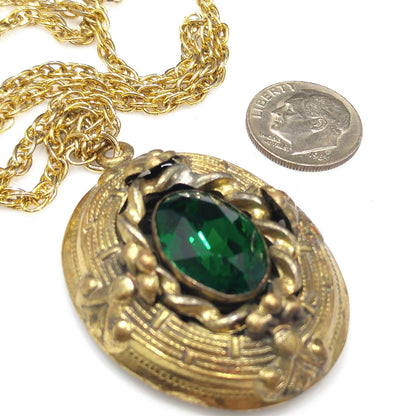 Antique 1920s Czech Emerald Green Glass Pendant Gold Filigree Necklace