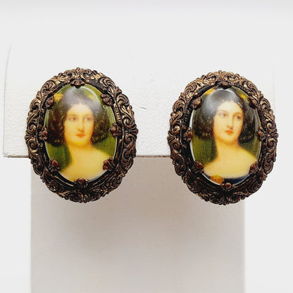 West Germany Vintage Brooch Earrings Twin Pins Set, Portrait Transfer Glass Gold Tone