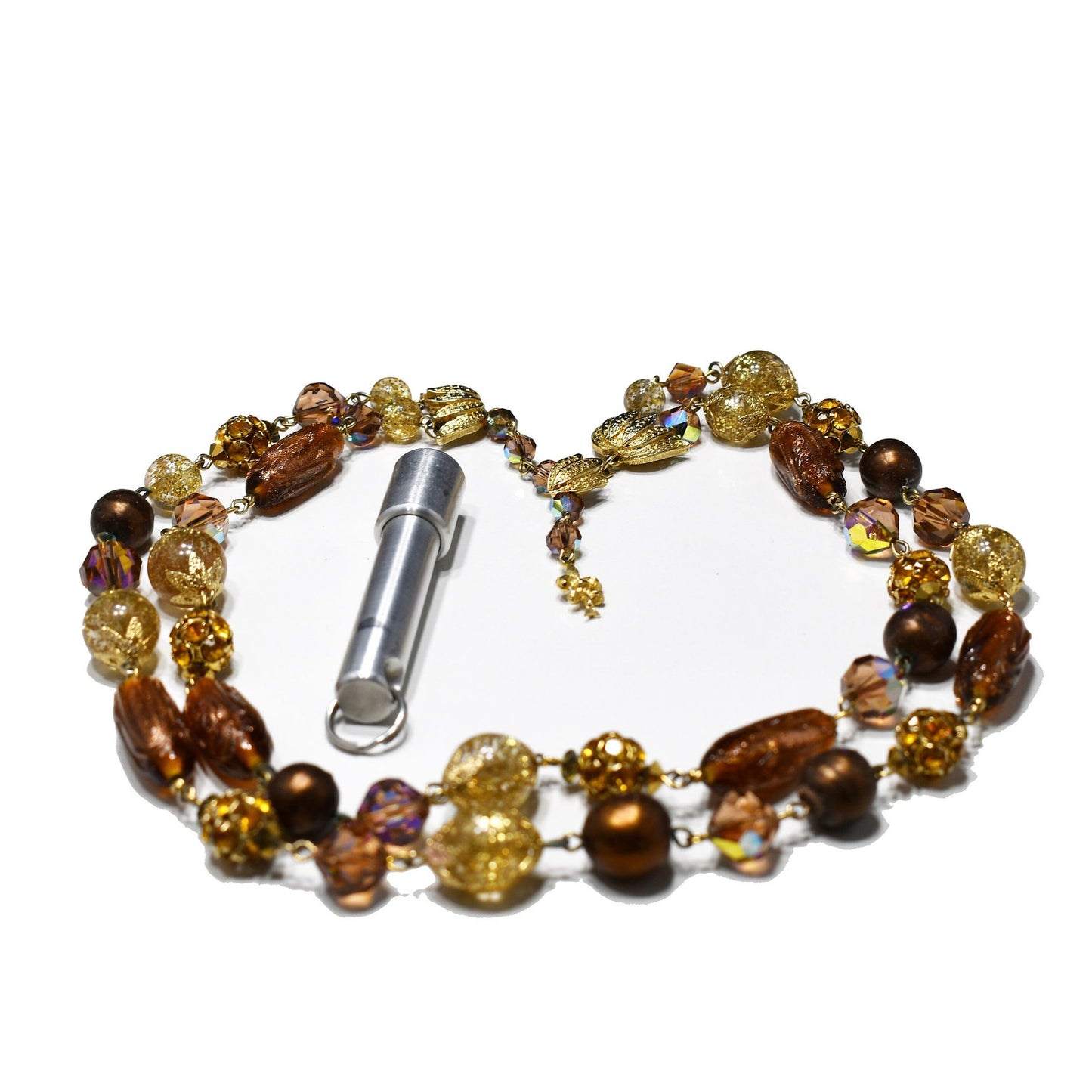 Vendome 1950s Two-Strand Topaz & Bronze Art Glass Necklace | AB Swarovski Crystals, Gold Filigree Beads, Signed Hook Clasp