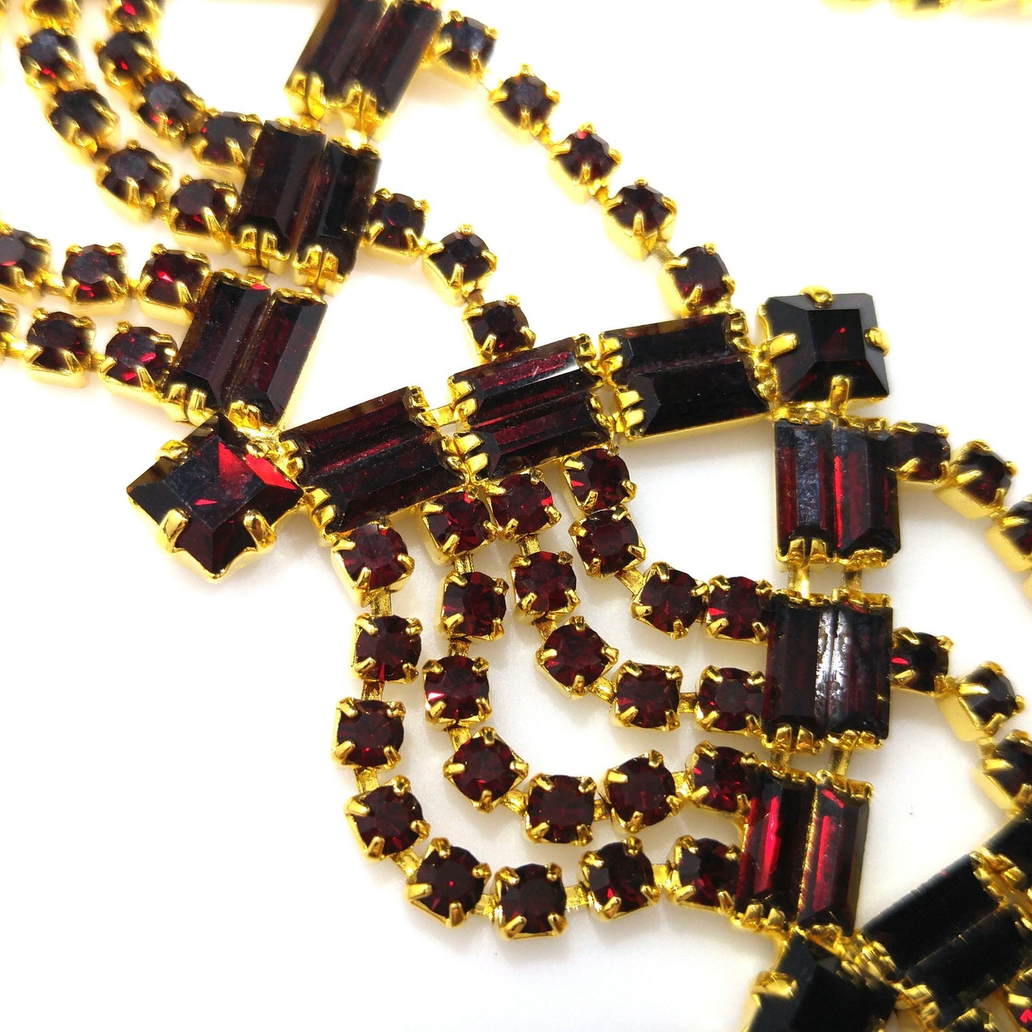 Czech Republic Garnet Red Rhinestone Necklace Bracelet Earrings, Gold Plated, 1990s Vintage Jewelry