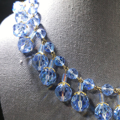 Blue Crystal Dangling Necklace, Light Blue Faceted Beads, 1960s Vintage Jewelry