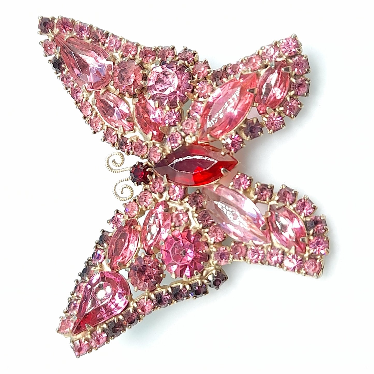 Vintage Weiss Butterfly Brooch, Pink Red Rhinestones, 1950s Jewelry