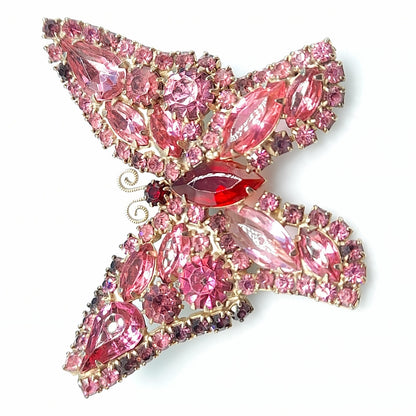 Vintage Weiss Butterfly Brooch, Pink Red Rhinestones, 1950s Jewelry