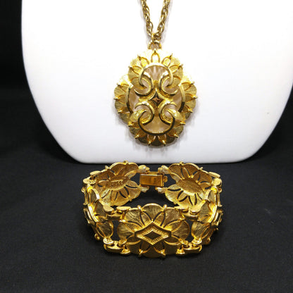 Gold Plated Necklace & Bracelet, Medallion Design, 1960s Vintage Jewelry