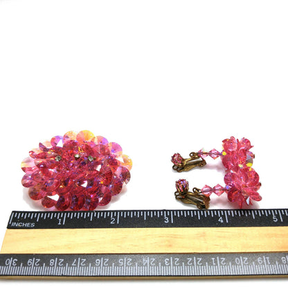 Pink Flat Crystal Brooch & Earrings, Aurora Borealis, 1960s Vintage Jewelry