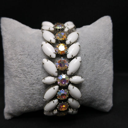 Weiss Milk Glass Bracelet, Aurora Borealis, Rhodium, 1960s Vintage Jewelry