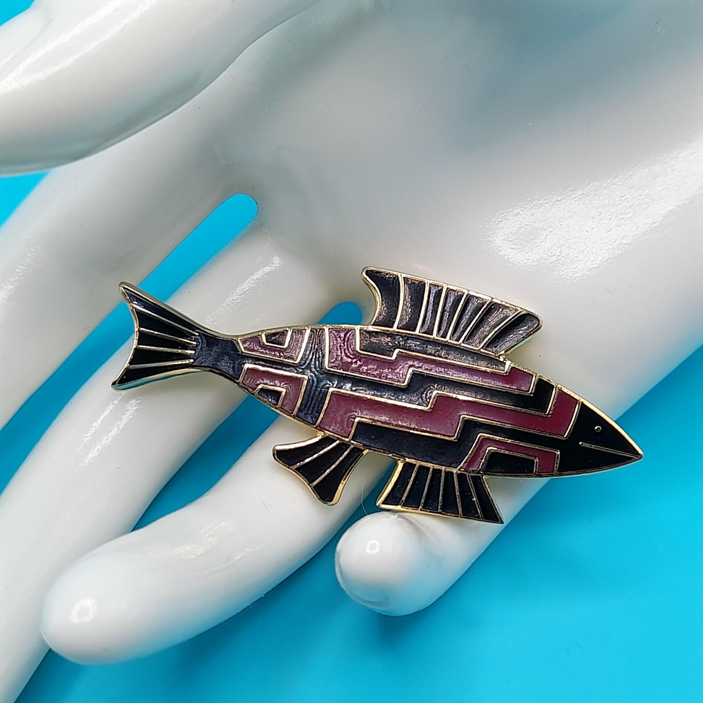 Vintage Laurel Burch "FISH" Brooch, Gold Plated, Black Brown Enamel, 1980s