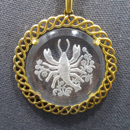 Vintage Crown Trifari Zodiac "Cancer" Necklace, Glass Intaglio Crab, Gold Plated, 1960s Vintage Jewelry