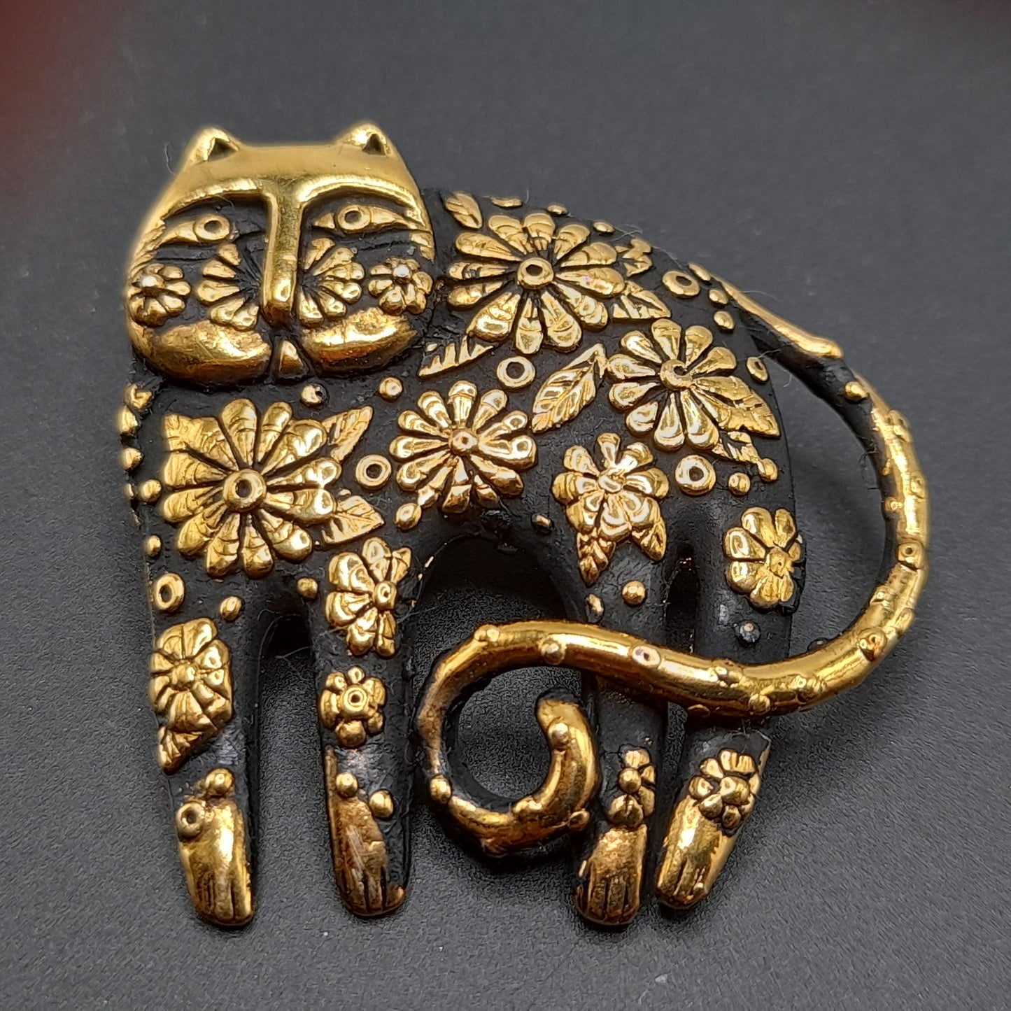 Laurel Burch Flower Cat Brooch Earrings Set, Gold Plated, Black Enamel, 1993 Vintage Jewelry