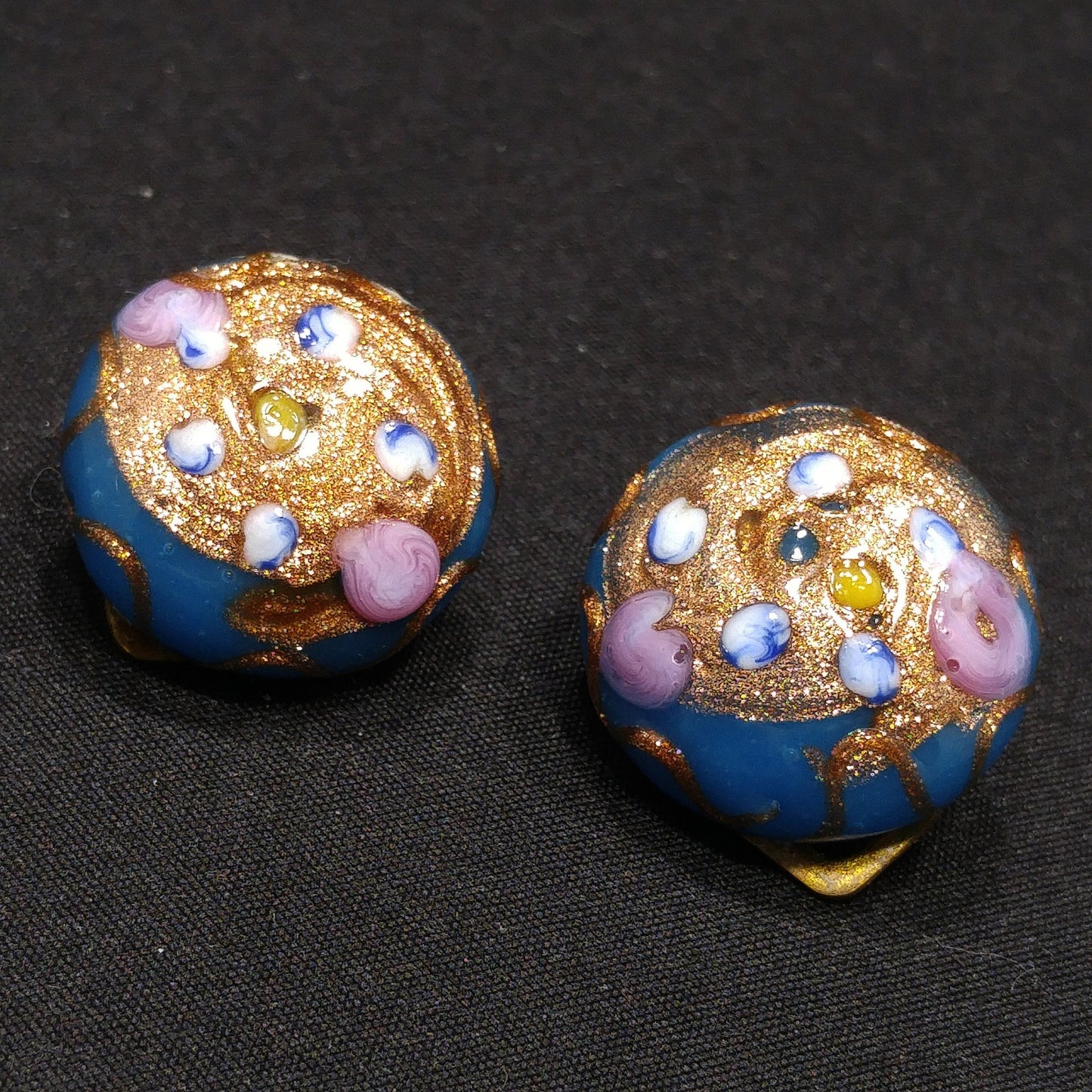 Vintage Italian Wedding Cake Clip Earrings, Blue Pink Roses  1940s