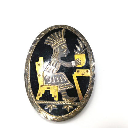 Silver Brass Inlay Onyx Brooch Pendant, Stamped DF 9Z5, Old Mexico Sterling, 1950s Vintage Jewelry