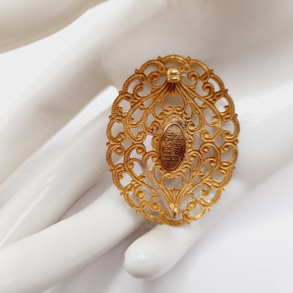 Vintage Miriam Haskell Brooch, Baroque Glass Pearl, Gold Filigree Pin, Designer Signed Jewelry, Mid Century Collectible Gift