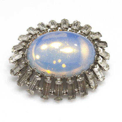 West Germany Faux Moonstone Brooch, Clear Baguettes, 1950s Vintage Jewelry