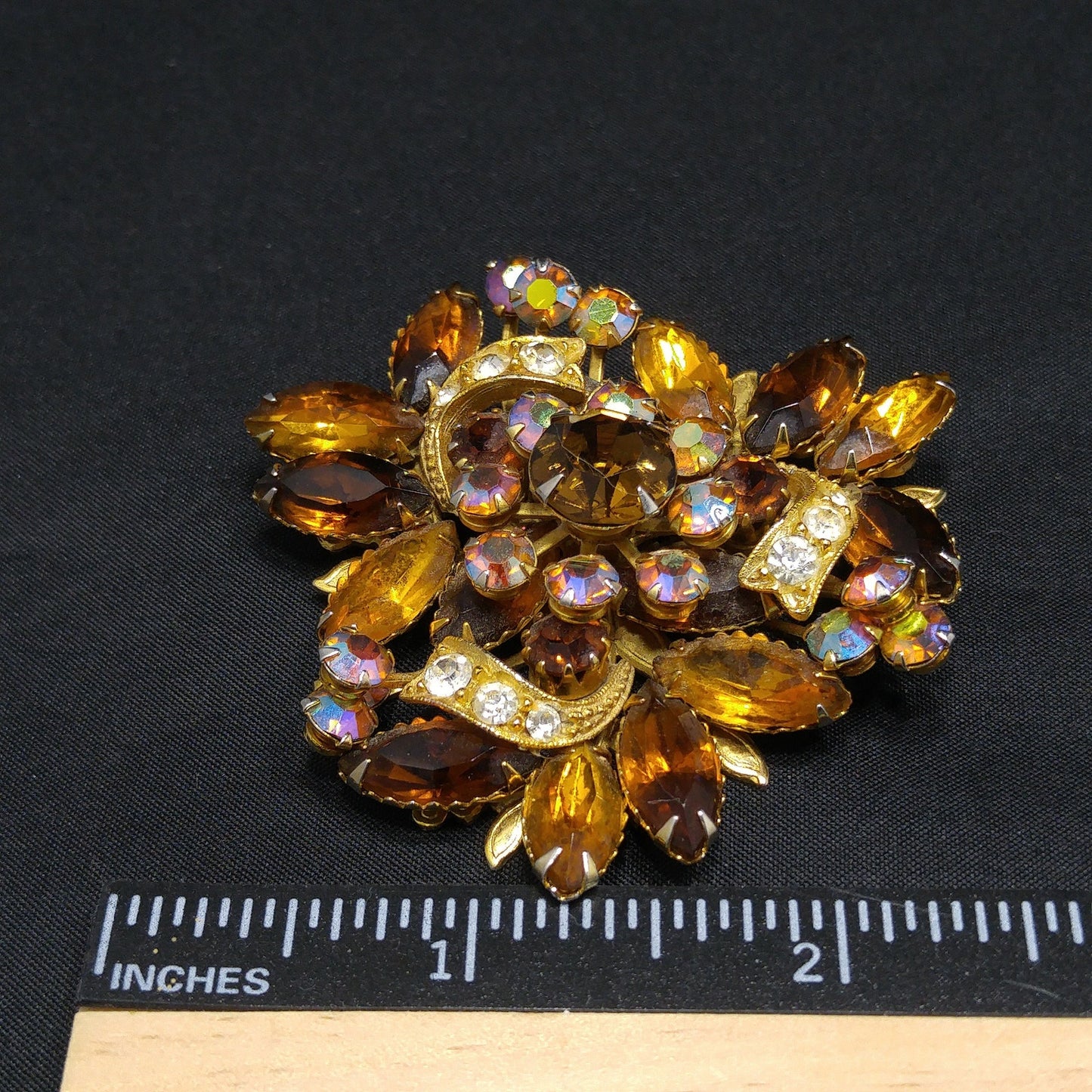 Fall Rhinestone Ribbon Brooch, Topaz Rhinestones, Aurora Borealis, 1950s Vintage Jewelry