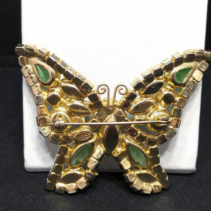 Vintage Weiss Peridot Green Rhinestone Butterfly Brooch, Uranium Glass, Gold Plated, 1950s
