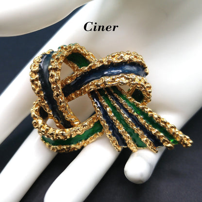 Vintage CINER Brutalist Green Enamel Brooch, Two Tone Green Enamel, Gold Plated