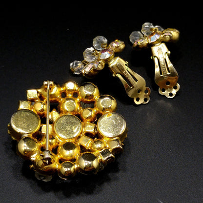 Kramer AB Rhinestone Brooch & Earrings, Dangling Crystal Beads, Gold Plated, 1960s Vintage Jewelry